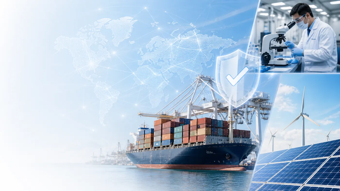 Global TIC service visual with laboratory testing, logistics, renewable energy and compliance shield